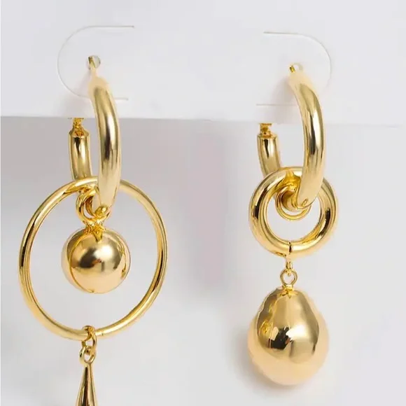 Gold Plated Mismatched Metal Ball Dangle Drop Earrings - Picture 4 of 10